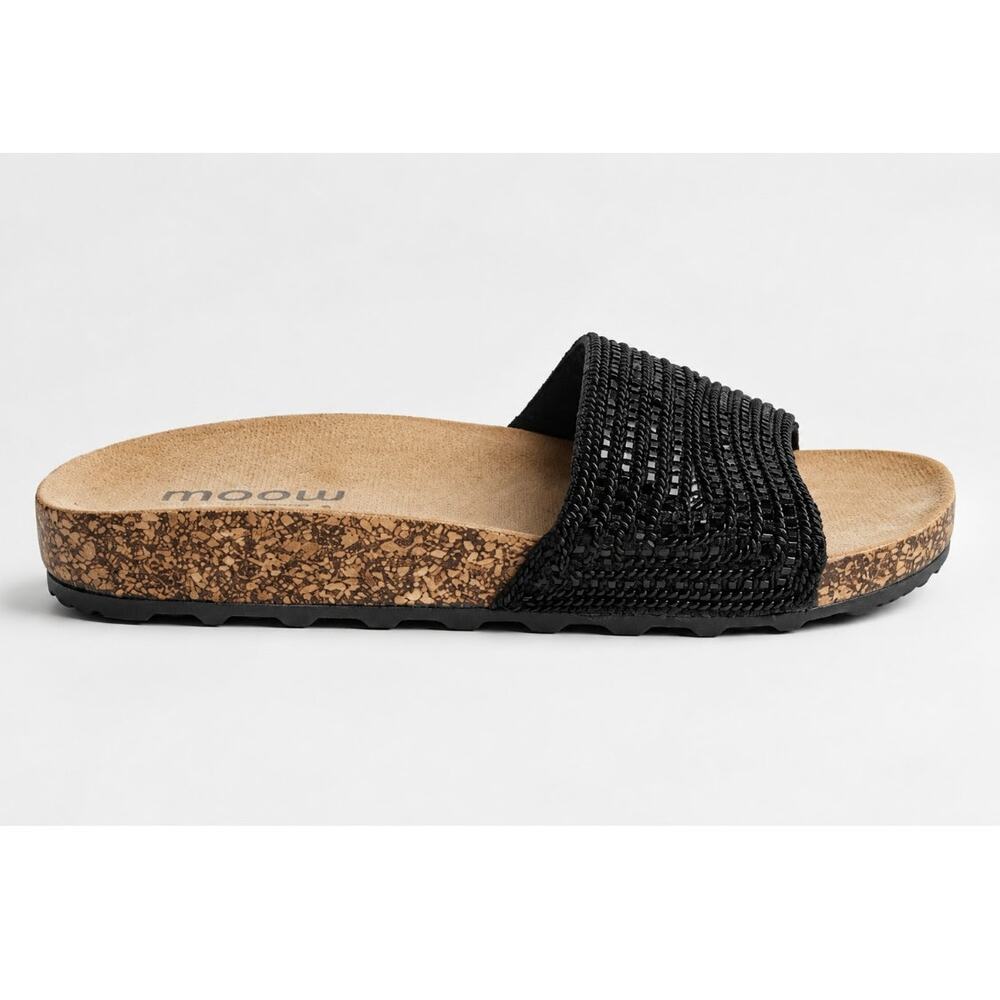 MOOM Nadia Slide Sandals Slip On Beaded Embellished Black Tan Womens EU 37 US 7